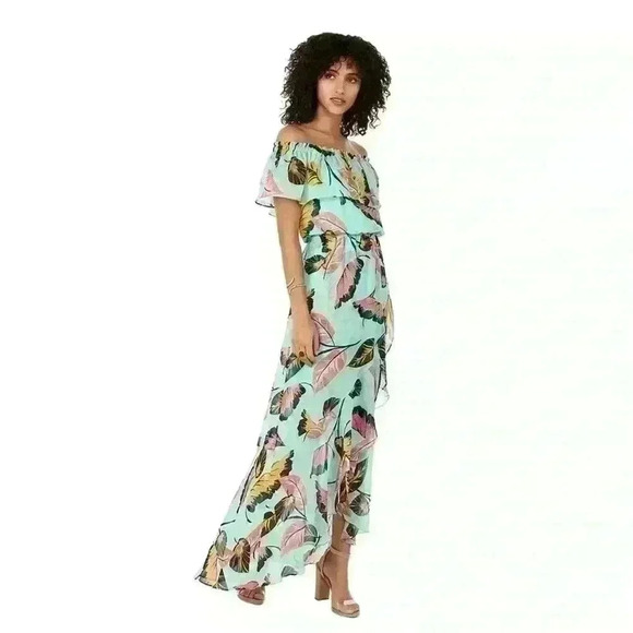 EXPRESS Mint Green Leaf Print Ruffle Off the Shoulder Hi Lo Maxi Dress Size XS - Picture 1 of 10